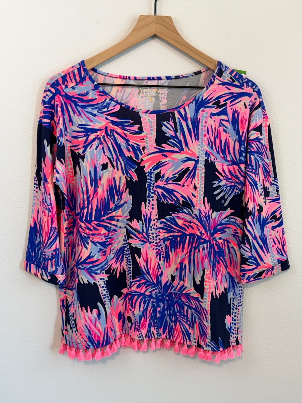 Lilly Pulitzer Neon Pink & Navy Palm Print Top with Tassel Detail